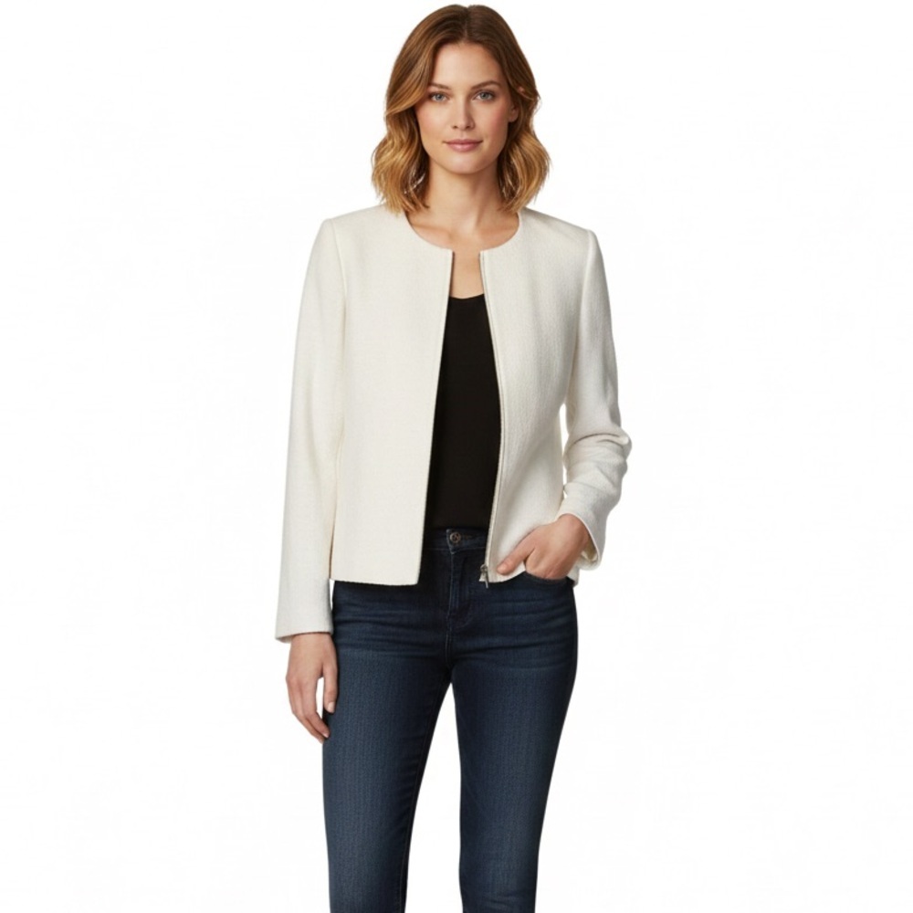 NWT Talbots Ivory Wool Blend Zip Front Jacket Blazer Size 16 Quiet Luxury